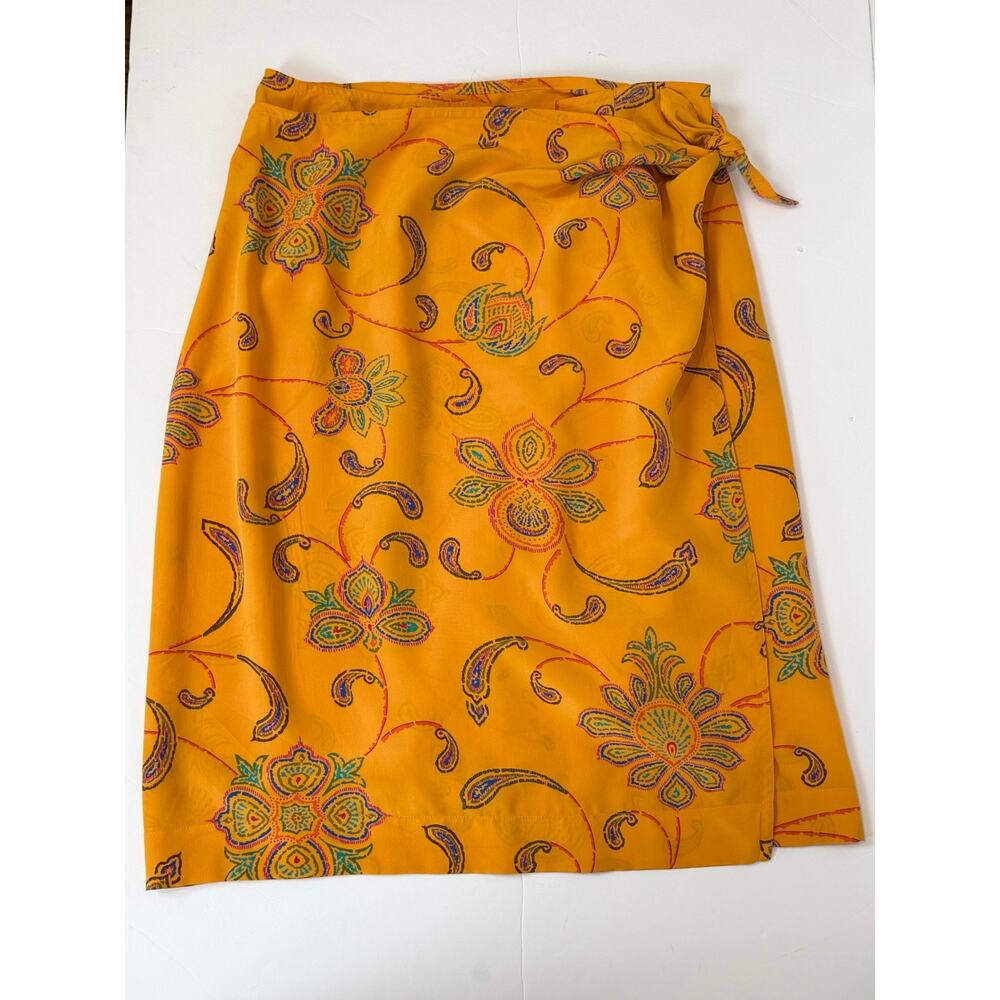 Linda Allard Ellen Tracy 100% Silk Wrap Skirt S Paisley Medallion Gold Mustard